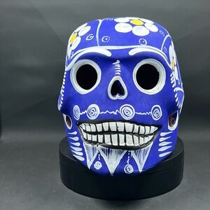 Artisan Day of the Dead Blue/White/Yellow Ceramic Skull with Floral Accents